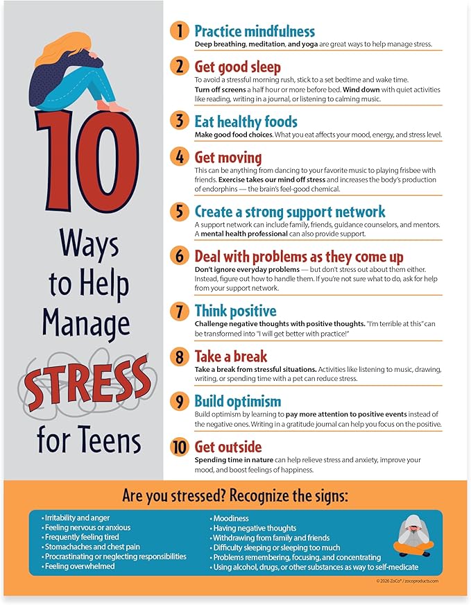 ZOCO – 10 Ways to Manage Stress – SEL & Mindfulness Poster for Teens (10-Pack) Laminated 17x22 – School Counselor & Therapy Office Decor