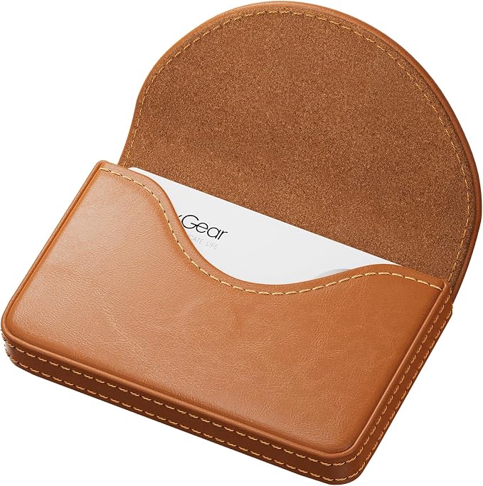 MaxGear Business Card Holder, PU Leather Business Card Case, Light Coffee | Pocket Name Card Holder Wallet for Purse, Portable Business Card Carrier with Magnetic Closure, Slim Stylish Men Women Gift