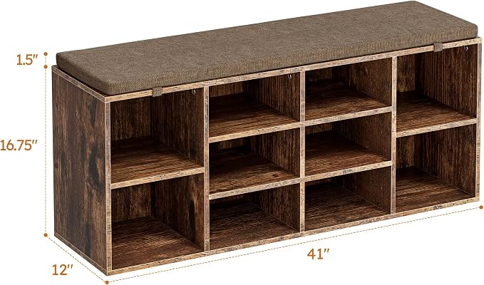 41" Shoe Storage Bench with Cushion, Entryway Shoe Rack with 10 Cubbies, Multifunctional Shoe Organizer Bench for Hallway, Bedroom, Living Room, Brown