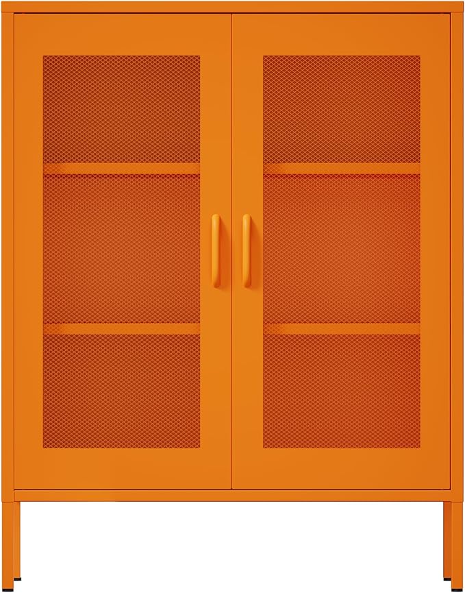 Washsemba Metal Storage Cabinet with Mesh Doors,Steel Display Cabinet with Adjustable Shelves,Metal Office Storage Locker for Home Office,Garage (Orange, 40''H)