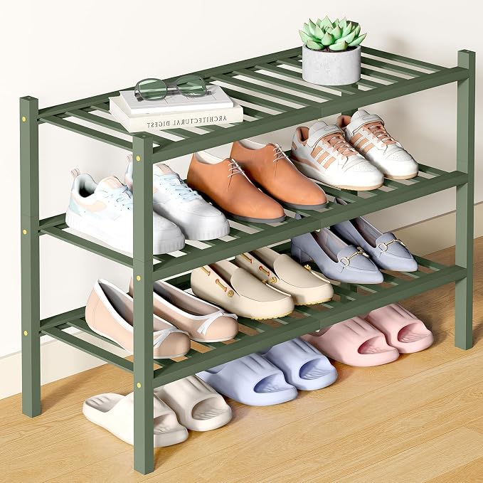 Smiry Bamboo Shoe Rack for Closet, 3 Tier Wooden Shoe Organizer, Stackable Wood Shoe Storage Shelf for Entryway, 14 Vertical Slats, One-piece Heavy-Duty Legs, 26.77"x11.02"x18.31", Green