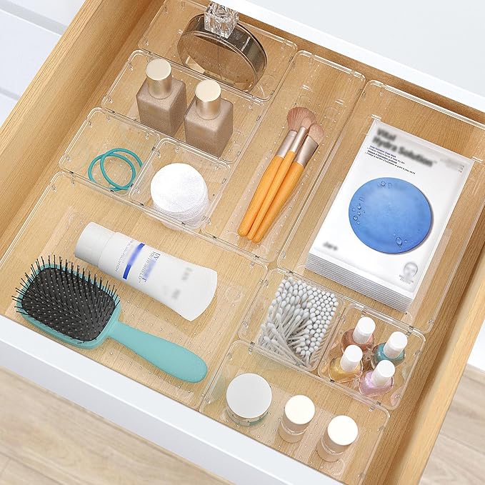 StorMiracle 7 PCS Clear Plastic Drawer Organizers Set, 4 Size Desk Drawer Organizer Trays for Makeup, Jewelry, Kitchen Utensils, Gadgets and Office Accessories