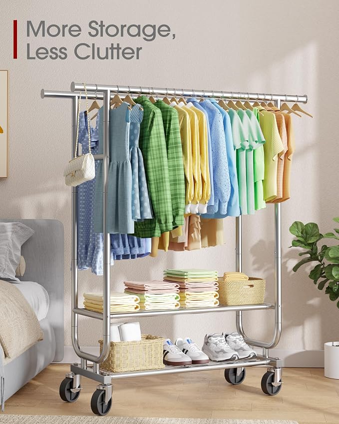 Sakugi Double-Rod Garment Rack 2-Tier 42.5x16.9x65.2 Silver with Wheels | Bedroom, Closet, Laundry Room, Heavy Duty, Stainless Steel