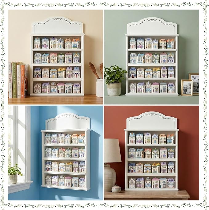Chunful Vintage Spice Jar Wooden Rack White with Vines in Green Color Spice Shelf for 24 Jars, Village Style Wall Mounting Kitchen Storage Decorative Hanging Display Rack, Shelf Only