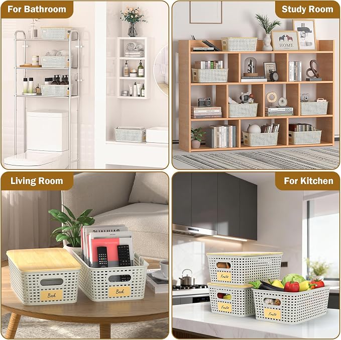 Stackable Storage Basket: Plastic Baskets Bins, Baskets for Organizing, Pantry Decorative Containers for Closets, Cabinets, Shelves(8 Pack, White)