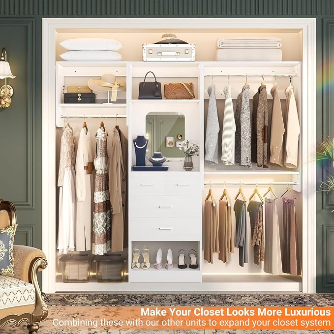 Unikito 36” - 60” Closet System, 5FT Walk in Closet Organizer Starter Kits with 3 Hanging Rods and 2 Shelves, Heavy Duty Reversible Wood Clothing Racks, Cut Be Cut to Fit, Max Load 800 LBS, White