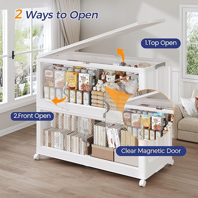 45Gal/180QT 3-Tiers Extra Large Stackable Storage Bins with Lid, Collapsible Cabinet Closet Organizer Plastic Container Box with Wheels Doors Drawers for Living Room Kitchen Office, White