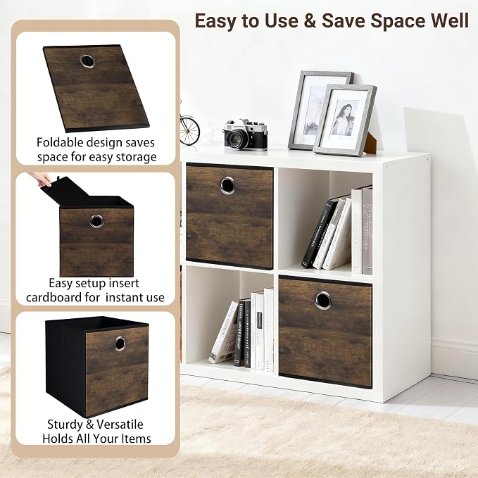 6-Pack Durable Cube Storage Bin with Decorative Wood Grain,Thickened Fabric Storage Basket Space-saving Cubby Boxes for Shelves,Closet,Bedroom,Office,Nursery,Dorm,RV, 12x12x12in (Medium