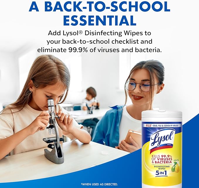 Lysol Disinfecting Wipes, Multi-Surface Cleaner, Lemon, 80 ct. | All Purpose Cleaner, Sanitizing, Deodorizing, Apartment Essentials, Back To School Cleaning Supplies, Kitchen & Bathroom Wipe