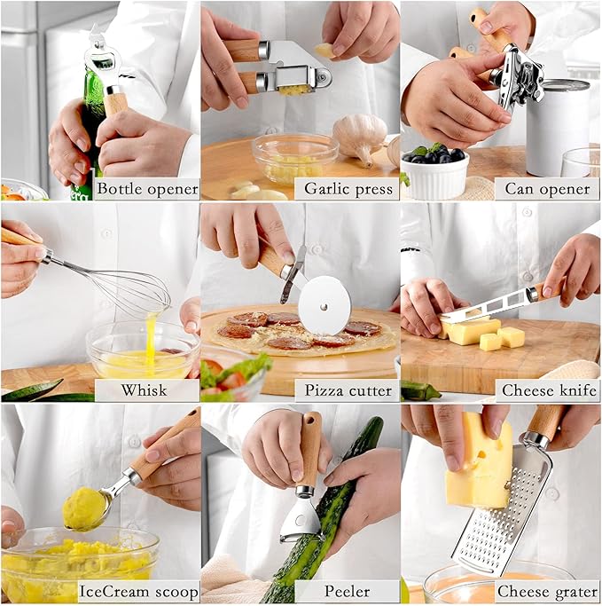9pcs Kitchen Gadget Set with Wooden Handle, Stainless Steel Cooking Tools Kitchen Accessories Pizza Cutter, Egg Whisk, Vegetable Peeler, Can Opener, Garlic Press