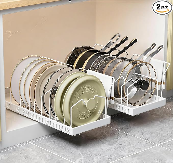 DTUQYX Pots and Pans Organizer Under Cabinet - 2 Pack Pull Out Expandable Pan Organizer Rack with Adjustable 20 Dividers,Cookware Storage Rack for Pots,Pans,Lids,Kitchen Cabinet Space Saving
