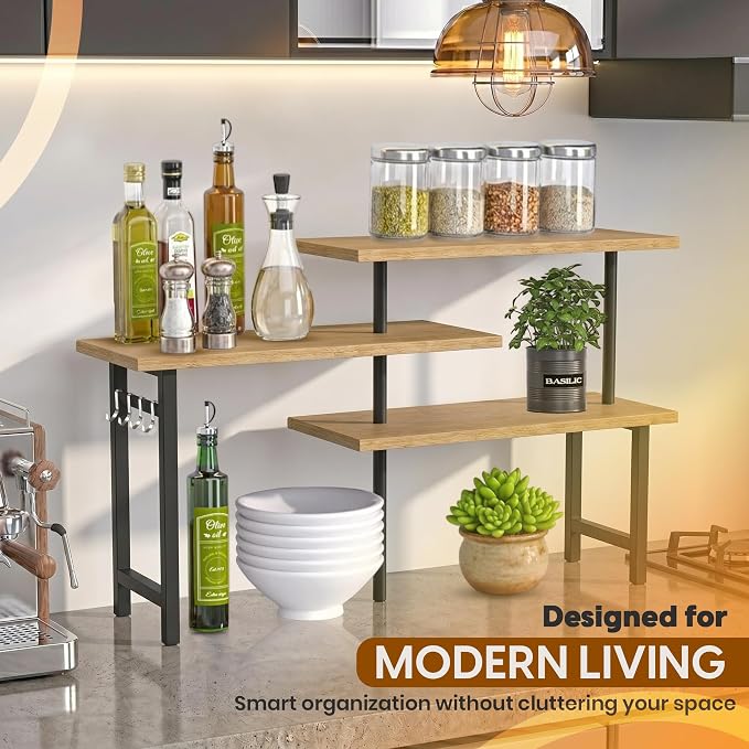 3-Tier Bamboo Corner Organizer Countertop Shelf | Extended top shelf, coffee bar organizer, kitchen counter corner shelf, bathroom vanity, spice rack, space saving bamboo