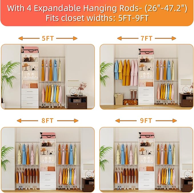 Closet System with 3 Drawers, 4FT-9FT Custom Closet Organizer System Modular Walk in Closet Storage Wooden System with 4 Expandable Hanging Rods Adjustable Shelves White