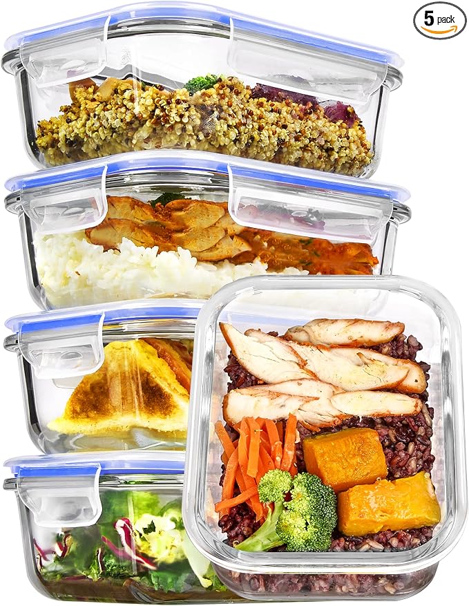 Vtopmart 5Pack 22oz Glass Storage Containers with Lids, Glass Meal Prep Food Container Sets with Snap Airtight Lid for Microwave, Oven, Freezer and Dishwasher, Blue