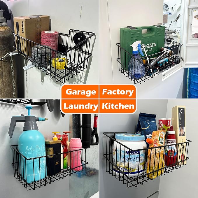 MUTUACTOR Heavy Duty Metal Wire Baskets,Magnetic Mount Hanging Wall Basket Storage,Extra Large Magnet Metal Wall Basket For Organizing Kitchen Laundry Closet Garage RV,Black,2PCS