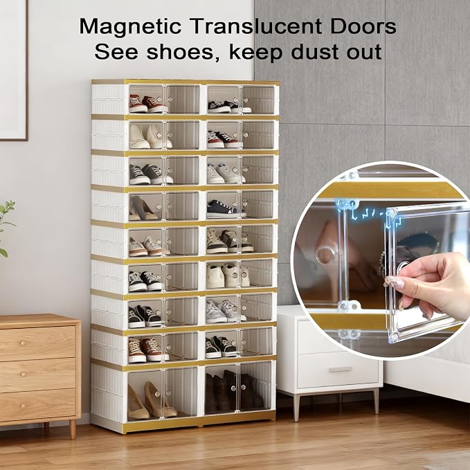SYNCVIBE Shoe Rack Organizer for Closet Entryway Foldable Sneaker Storage Shoe, Collapsible Shoe Cabinet, Stackable Shoe Storage Cabinet with Lids for Living Room (9 Tiers -36 Pairs White Gold)