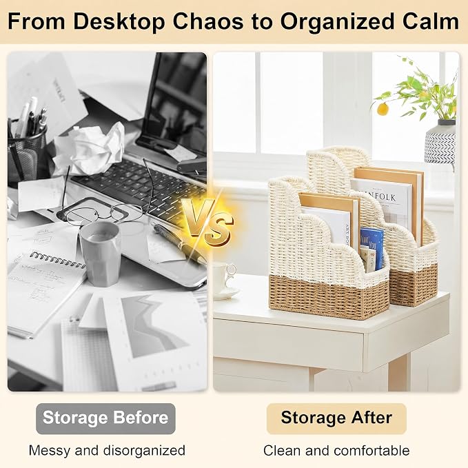 BROWNLILY Handwoven Paper Rope Magazine Holders with Scalloped Edge - Boho Desk Storage Organizers Set of 2 (Large & Small) for Books, Files, Home Office Decor