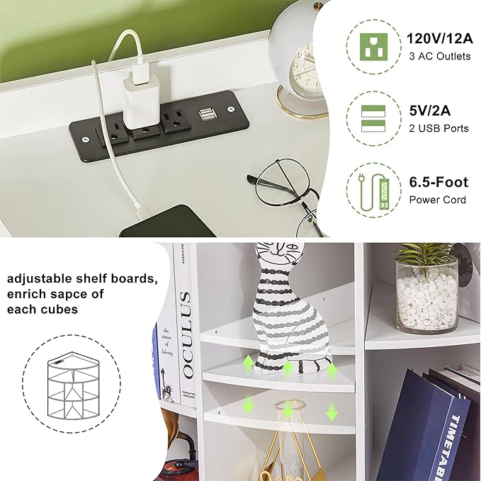 VECELO Corner Cube Shelf with USB Ports & Outlets, Modern Corner Toy Storage Rack with Adjustable Shlef, Wooden Display Bookshelf Bookcase for Living Room, Bedroom, Dining Room, Kitchen, White