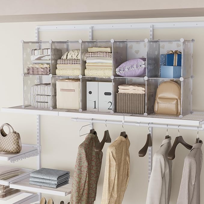 UNKU Cube Storage Organizer, 16 Cube Closet Organizer Storage Shelves, DIY Stackable Bookcase, Clothes Organizer Shelf for Closet, Bedroom, Living Room, Cabinet, Home, Office, Translucent