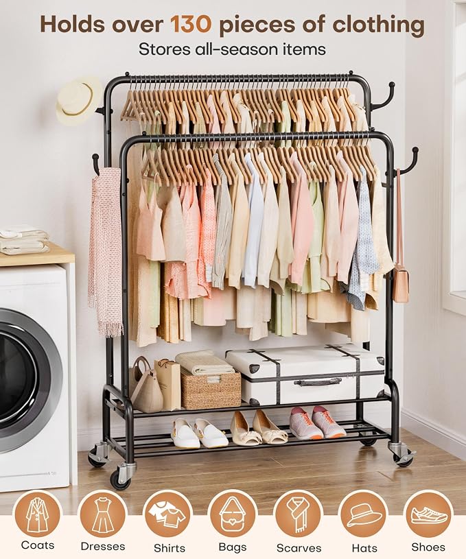 Homde Sturdy Garment Rack for Bedroom: 265 lbs Heavy Duty Clothes Organizer | 2 Hanging Rods Hold Coat to T-Shirt - Easy Roll & Park on Wheels - Metal Frame Stays Solid & Stable at Full Load
