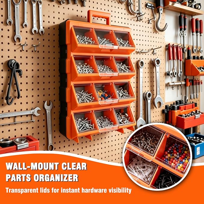 ULIBERMAGNET Tool Box Organizer,12-Compartment Portable Small Parts Organizer for Screws, Bolts,Nails,Washers, Wall-Mounted Hardware Storage Boxes for Garage, Truck, Workshop (Orange)