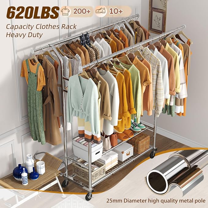 Simple Trending Heavy Duty Clothing Clothes Rack for Hanging, Rolling Double Rod Garment Rack Organizer with Wheels Load 620 LBS, Chrome
