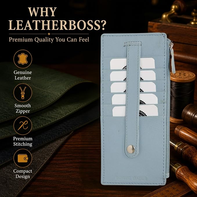 Leatherboss Genuine Leather Women's All in One Credit Business Card Case Holder Slim Zipper Wallet With a Card Protection Strap, Light Blue