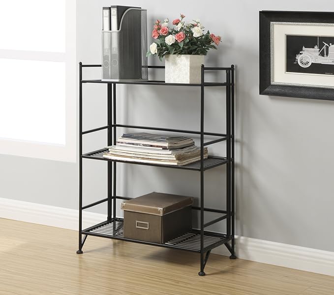 Convenience Concepts Xtra Storage Shelves - 3-Tier Wide Folding Metal Storage Shelves, Closet Organizer for Office, Laundry Room, Bedroom, Garage, Kitchen, Bathroom, Black