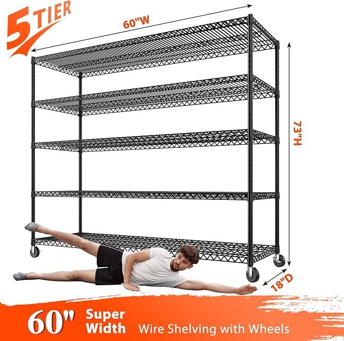 REIBII 3200LBS Storage Shelves Wire Shelving with Wheels,Adjustable Garage Shelving Heavy Duty Steel Metal Shelving Unit Shelf Rack for Warehouses,Garage,Kitchen,School,Commercial,73" H X 60”W X 18" D