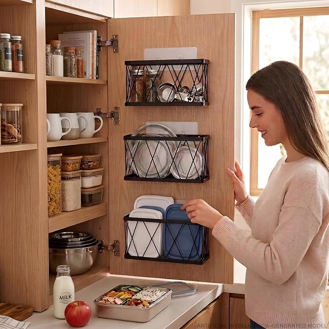 7 Pack Adhesive Multi Size Pantry Door Organizer,3 Cabinet Door Organizer + 4 Cup Lid Holders,Lid Organizers Inside Cabinet Food Container and Storage Cup Lids Holder Kitchen Cabinet Storage