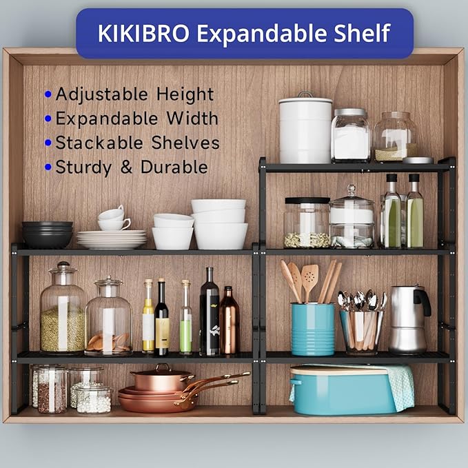 Expandable Cabinet Shelf Organizers, Kitchen Small Stand Rack Organization for Countertop Cupborad Pantry Desktop Spice Rack, Black 1 Pack