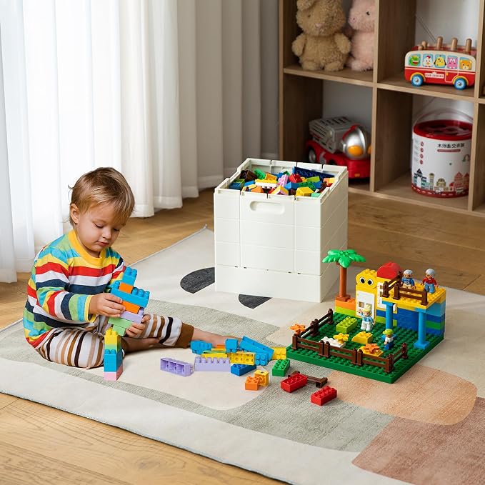 SHIMOYAMA Collapsible Storage Box with Large Building Base for Duplo Blocks, 26 Qt. Foldable Storage Bin (Dark Green)