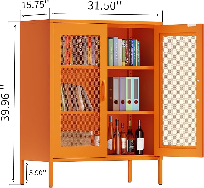 Ustamio Orange Metal Storage Cabinet with Mesh Doors, Small Office Cabinet with 2 Adjustable Shelves, Accent Metal Locker Storage Cabinet for Home, Office, Living Room, Hallway