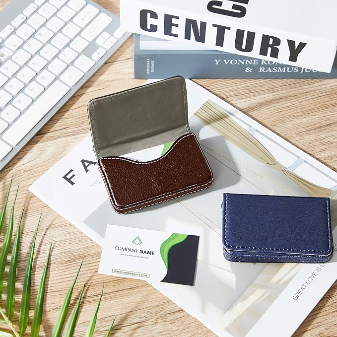 Outus 2 Pcs Business Card Holder, PU Leather Business Card Case Pocket Wallet with Magnetic Shut for Valentines Gift Adult(Coffee, Blue)