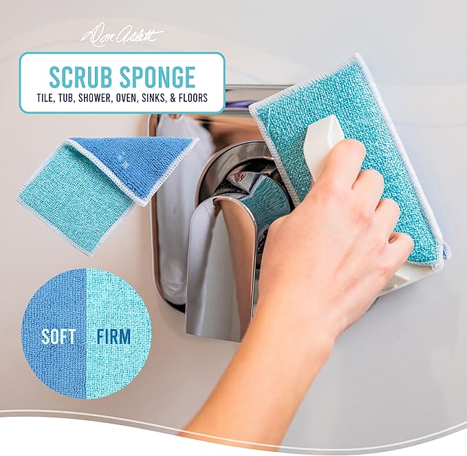 Don Aslett’s Scrub & Switch Combo Set | Dual-Sided Scrub, Clean, and Polish Sponges Included | Handheld Tool for Extra Scrubbing Power | Reusable and Machine Washable | 2-Pack