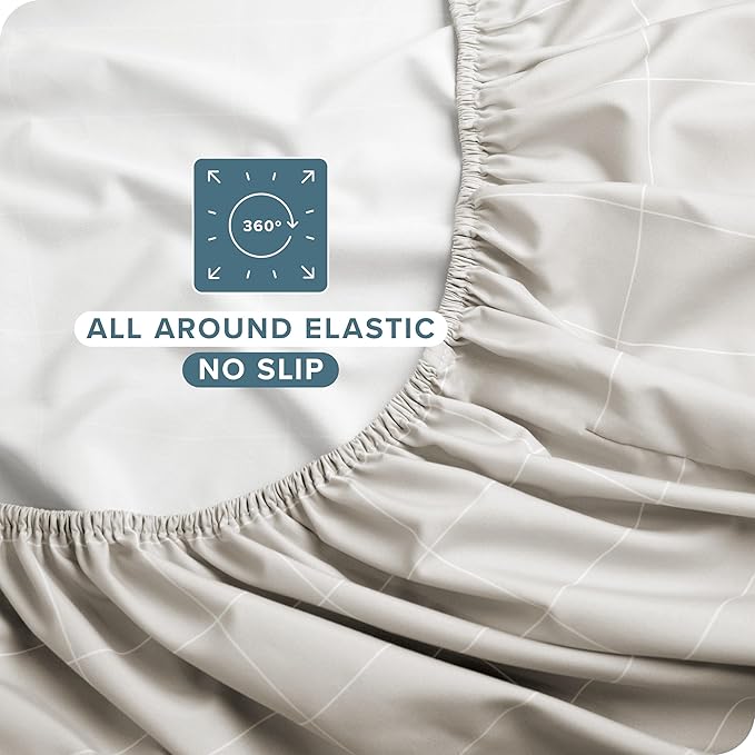 Bare Home Twin Sheet Set - Luxury 1800 Ultra- Soft Double Brushed Microfiber - Deep Pockets - Easy Fit - 3 Piece Bedding Sheet Set (Twin, Grid - Stone/White)
