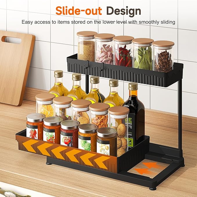 Sevenblue 3 Pack Multi-Purpose Pull-Out Storage Organizers, 2-Tier L-Shaped Under Sink/Cabinet Organizers and Storage for Bathroom & Kitchen, Black, 12.8 Inches