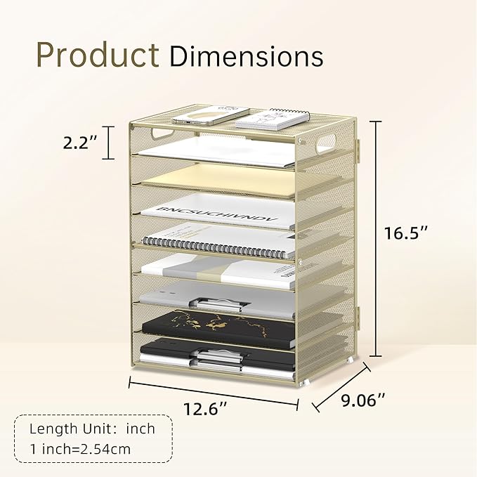 DALTACK 9-Tier Paper Organizer for Desk, Mesh Letter Tray Desk Organizer with Handles, Space-Saving File Organizer for Office Home School, Golden Yellow