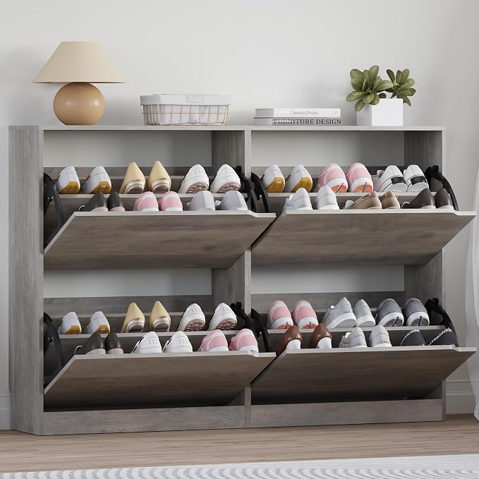 BORNOON Shoe Cabinet with 4 Flip Drawers, Narrow Hidden Shoe Storage Cabinet, Slim Freestanding Shoe Rack Organizer for Entryway, Hallway, Bedroom, Living Room