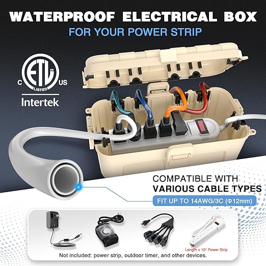 Flemoon Medium Outdoor Waterproof Electrical Box, for Power Strip | 11.5x5.2x4inch, IP54 Extension Cord Cover w/6 Cable Entry Ports, Weatherproof Connection Box for Timer, Holiday Light, Almond