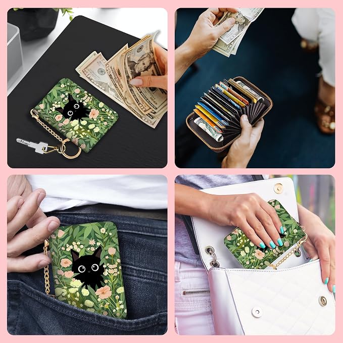 Blusabaca Women's Black Cat Floral RFID Wallet, Waterproof, Leather, 12 Card Slots, 2 Pockets for Coins, 2.5 in x 3.5 in | Removable Keychain, Case with Zipper, Vegan PU Leather, Cash Coin Pocket, Business Accordion Purse, Ladies Female Gift