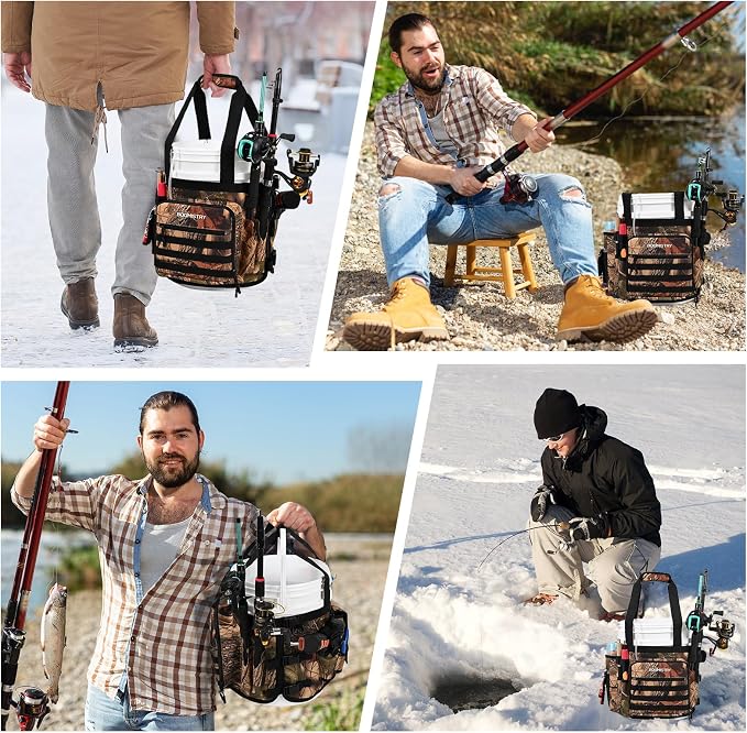 Boomistry Fishing Bucket Organizer for 5 Gallon Bucket, Brown Camo | 15 Multi-Pockets, 4 Built-in Rod Holder Storage, 3 Adjustable Buckles, for All Fishing Gear & Tackle Accessories