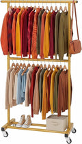 Sywhitta Double Rod Clothing Garment Rack, Rolling Clothes Organizer on Wheels for Hanging Clothes, Easy to Assemble, Adjustable, Gold