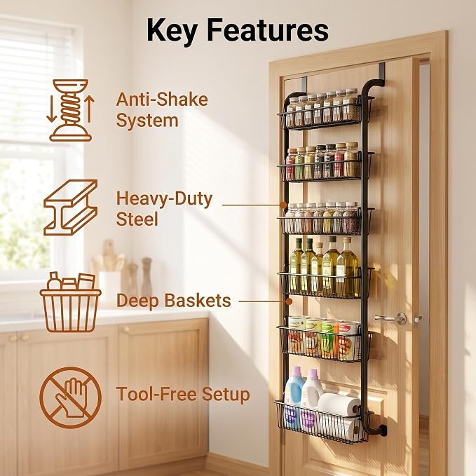 Purebox 6-Tier Over The Door Pantry Organizer & Spice Rack, Heavy-Duty Thickened Carbon Steel Frame with Deep Baskets & Anti-Shake Suction Cups for Kitchen Bathroom Laundry & Closet
