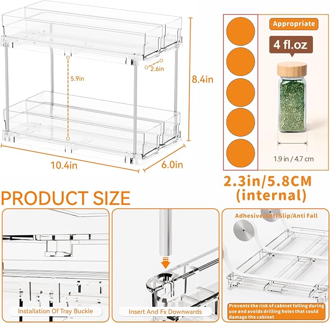 Yieach 2 Tier Sliding Spice Racks for Cabinets,1 Pack 10.4'' Deep Narrow Vertical Spice Rack Pull Out for Inside Cabinets,Kitchen,Pantry,Cupboard Seasoning,Jar Organizer and Medicine Cabinet Storage