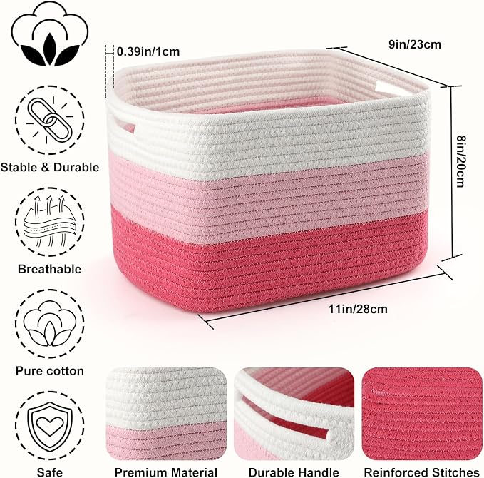 4 Pack Storage Baskets for Organizing, 11''Lx9''Wx8''H Woven Baskets for Storage Toys, Towels, Books, and Clothes, Cotton Rope Basket for Shelves with Handle White & Brown