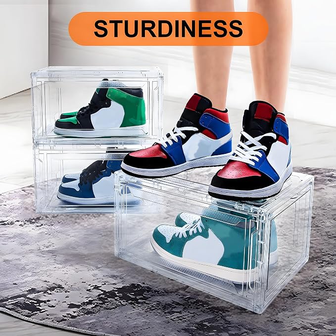 MMBABY 12 Pack Acrylic Clear Shoe Boxes, Ultra Clear Stackable Sneaker Display Cases with Magnetic Door, Professional Grade Shoe Display Case for Sneakers & Boots, Fits Up to US Men's Size 15