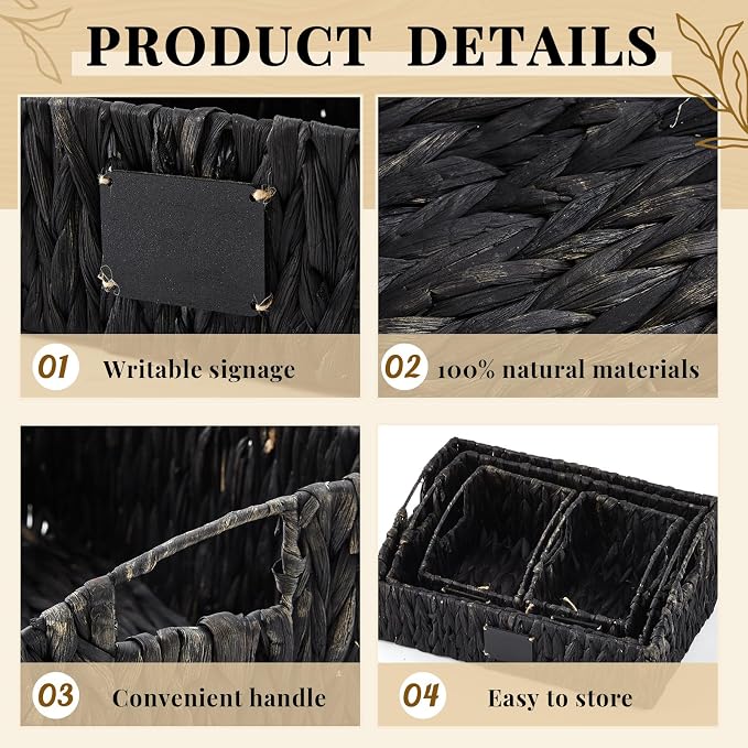 Wonderjune 4 Pcs Water Hyacinth Storage Basket Set Boho Wicker Rattan Pantry Basket with Chalkboard Label Handles Woven Container Kitchen Laundry Large Small for Shelf Food Home Bathroom Decor(Black)