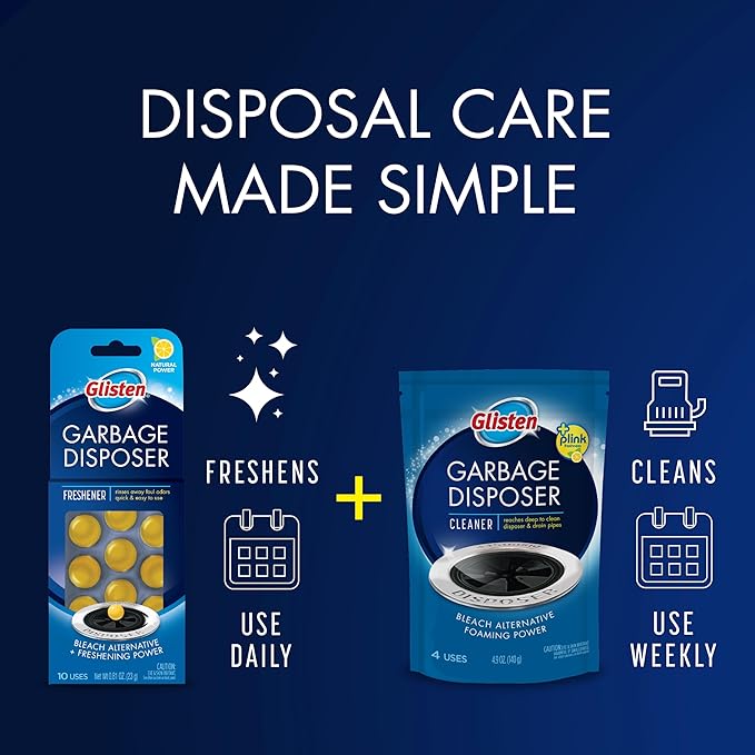 Glisten Garbage Disposer Cleaner and Freshener, Sink Disposal Odor Eliminator with Foaming Action, Lemon Scent, Made in the USA, 4 Packets
