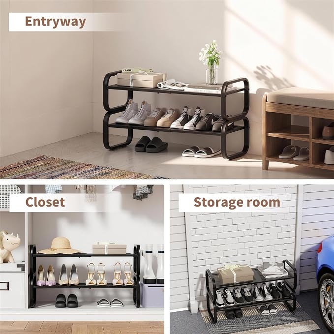 2 Tier Shoe Rack - Expandable Shoe Organizer for Closet, Adjustable Metal Shoe Shelf Storage, Stackable Long Shoe Stand Holder for Garage, Entryway, Door Entrance